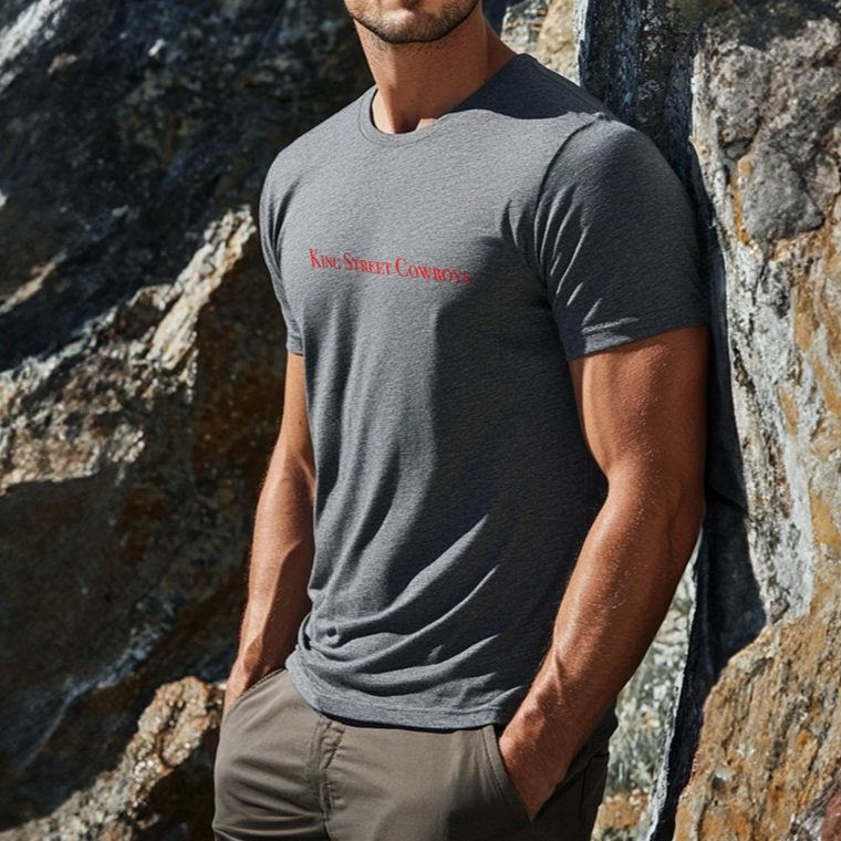 Front view of heather grey King Street Cowboys Classic T-Shirt with white logo