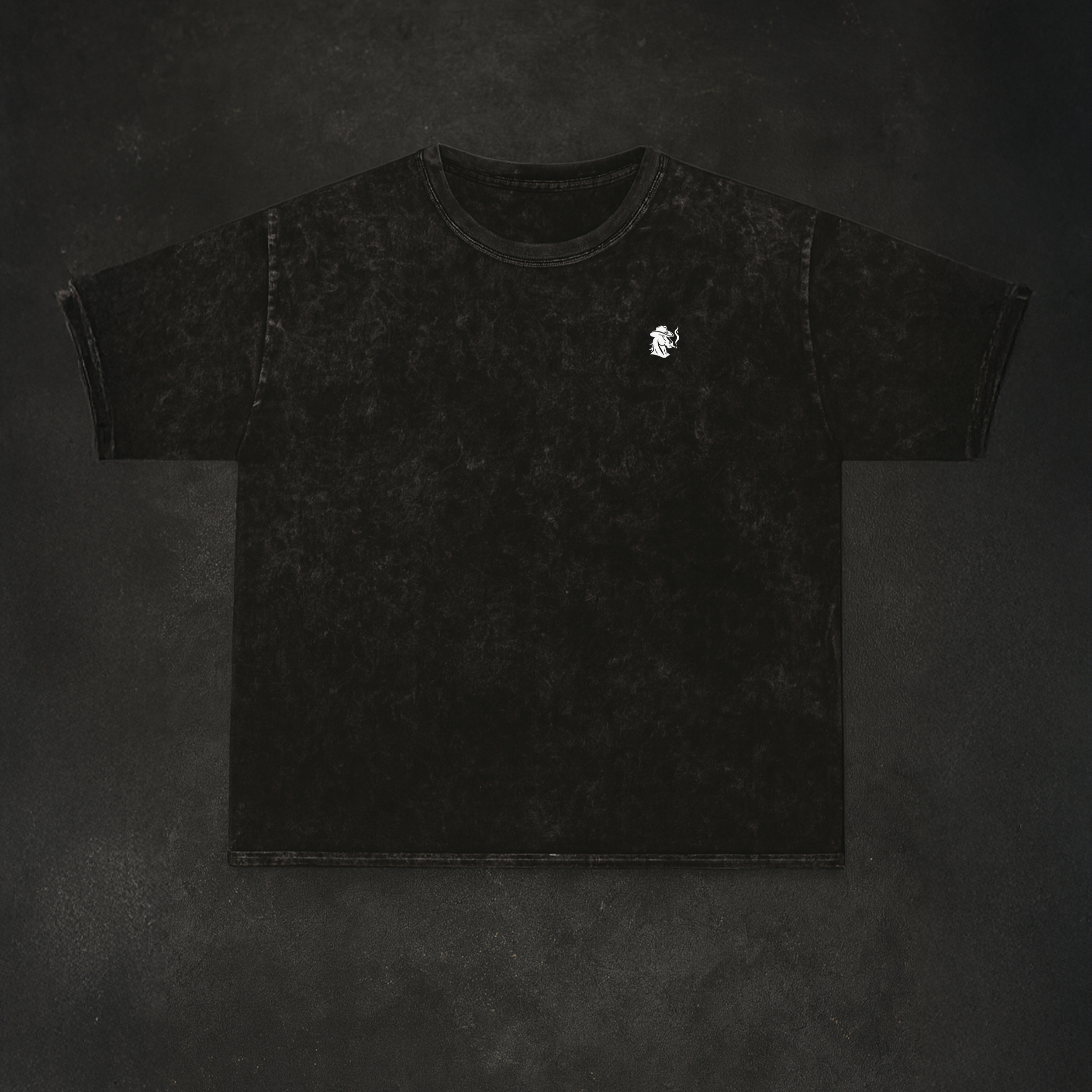 Classic Rebel t-shirt front view in heavy black mineral wash with small chest embroidery, King Street Cowboys streetwear