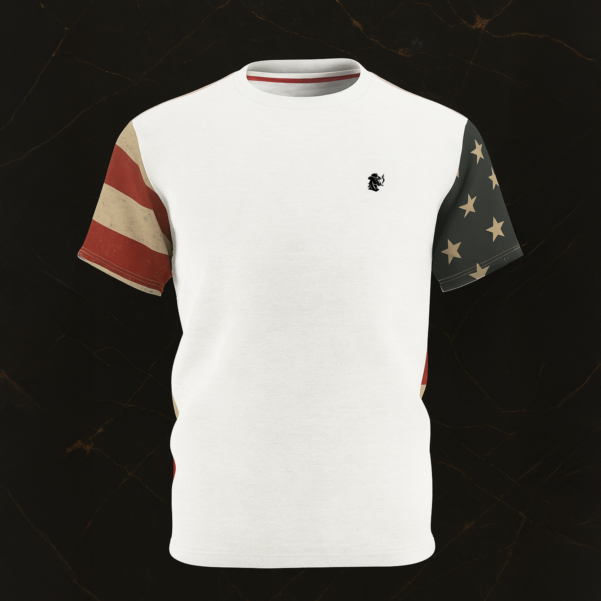 American Cowboy t-shirt front view with white base, flag pattern sleeves, and small chest logo