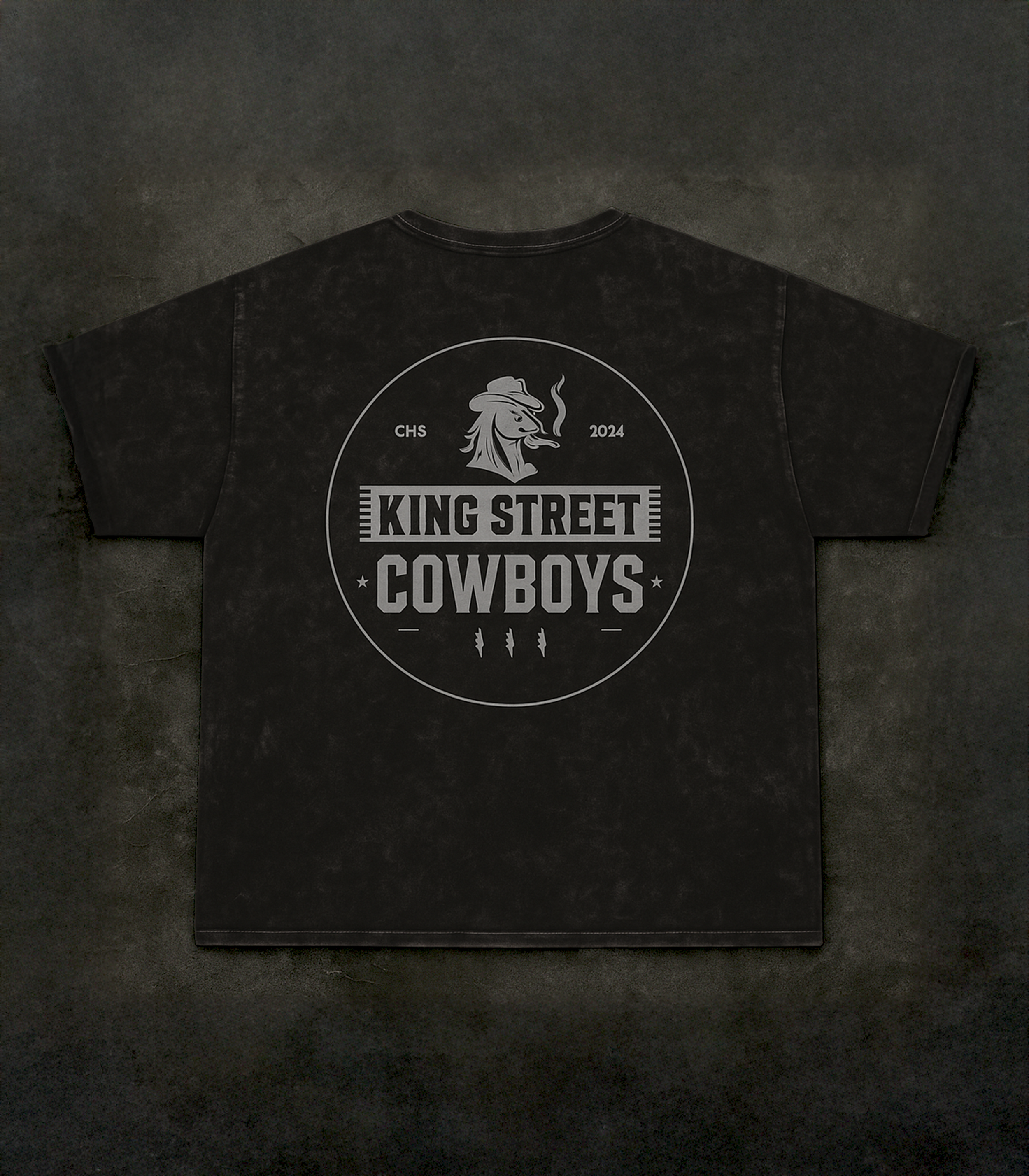 Classic Rebel t-shirt back view in heavy mineral wash featuring King Street Cowboys circular logo graphic