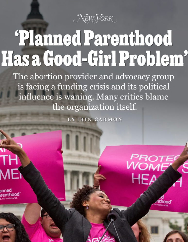 Image of speaker in front of U.S. Capitol Building, wearing a black blazer with arms outstretched. Hot-pink, Planned Parenthood posters frame her, reading "Protect Women's Health." The title of the article, its subtitle, & its author are listed.
