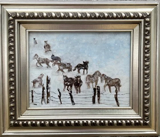 Snowy Horse Play 9x12” plus frame $570