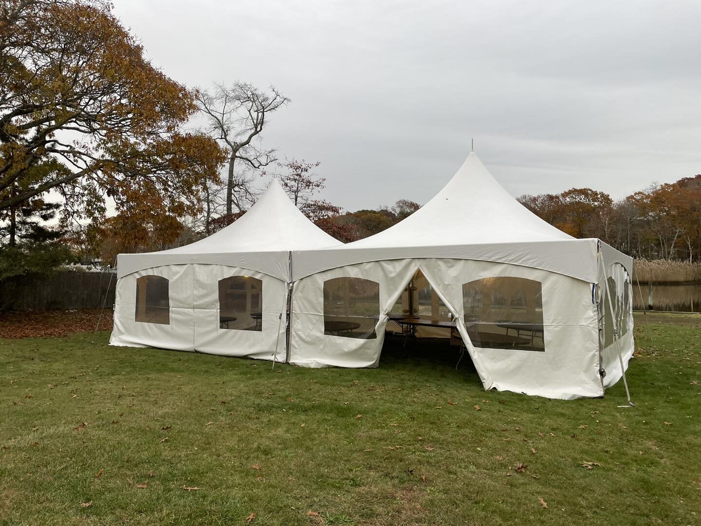 We have heated tents for your holiday events! If you need extra room for all your guests, we can install a tent on your deck or patio with side walls with a heater. Give us a call to see how we can help with your next event.