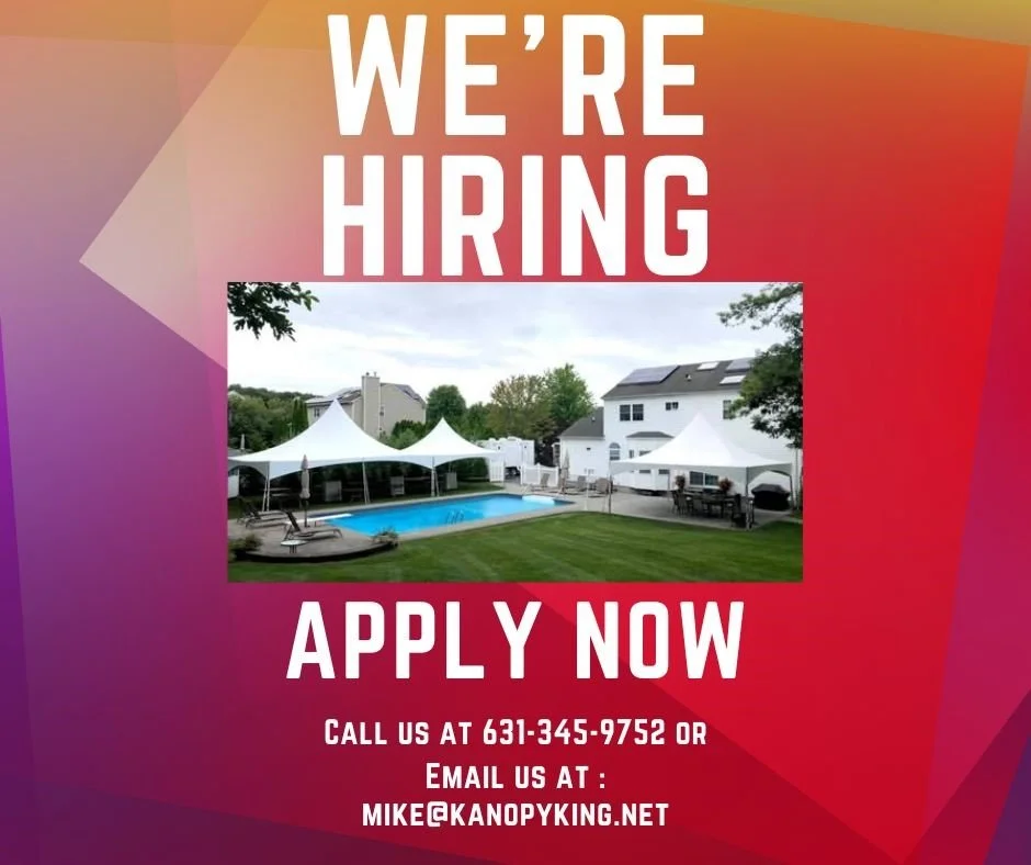 We're Hiring! Tent installers.

Kanopy King Party Rentals, your local tent and party rental company, is hiring and looking to add to our team this year! Work consists of loading and unloading trucks, going to job sites and setting up and breaking dow