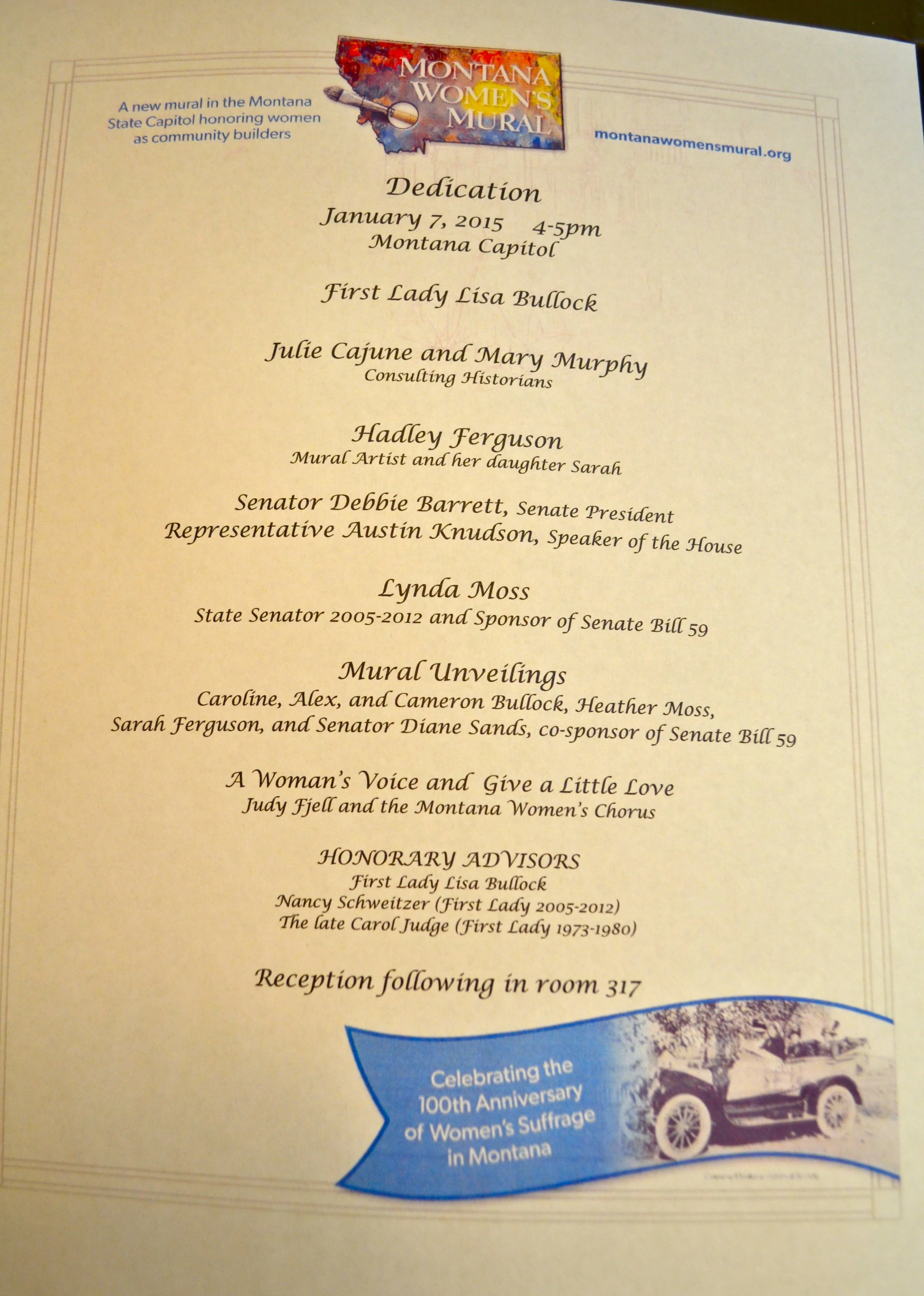Program for the unveiling. Montana’s first lady, Lisa Bullock, was the first to speak, calling the mural unveiling a “monumental moment!” 