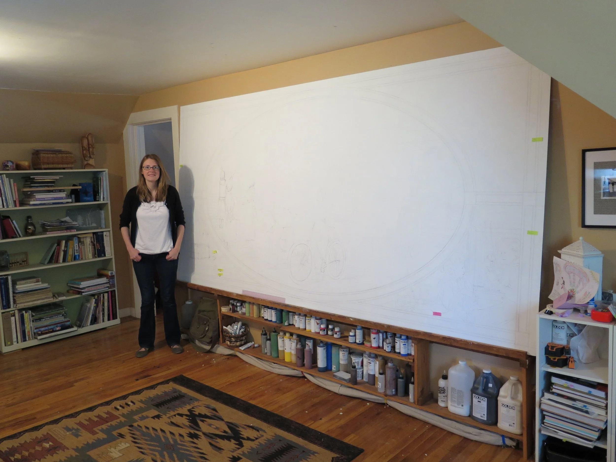 On December 5, 2013, Hadley received the news that she’d won the competition. She set to work making space in her upstairs studio for the two 5’ x 10’ panels. 