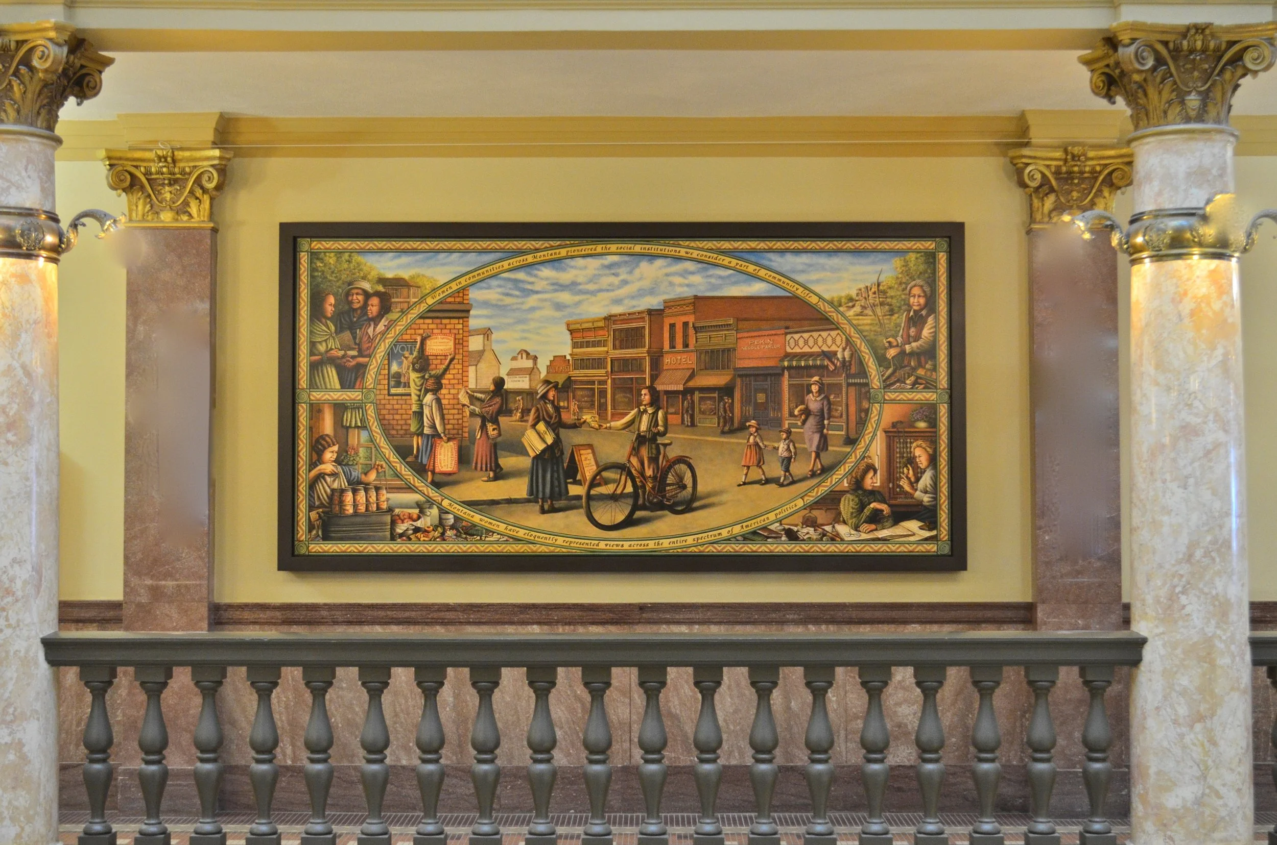 Panel two, titled “Women Build Montana: Community,” is set in 1924, the tenth anniversary of Montana women’s suffrage and the year the right to vote was extended to Native American women with the passage of the Indian Citizenship Act. ( See p 262 for