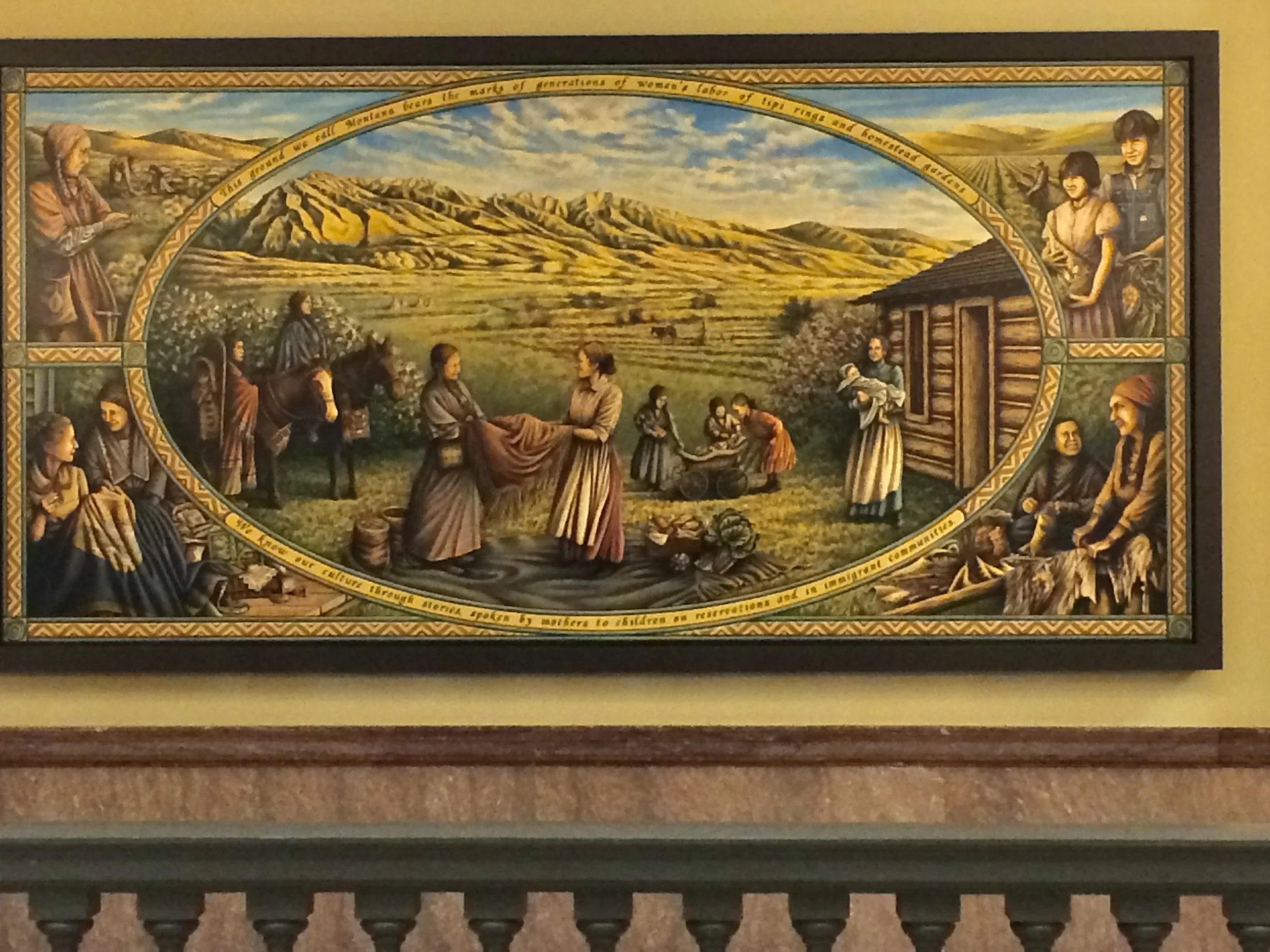 Panel One, titled “Women Build Montana:  Culture,” is set in the spring of the late 19th century. It depicts Native women having come to a homestead to trade goods. (See p 262 for more.)