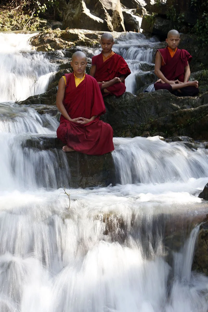 Three young Buddhist monks in red robes meditating on rocks in a flowing stream, surrounded by rocks and greenery.