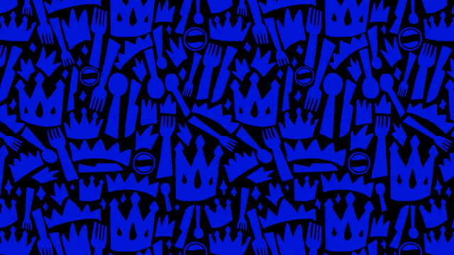 Pattern of blue crowns, forks, and spoons on a dark background.