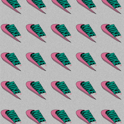 Repeated pattern of Nike shoes with teal and pink color scheme on a textured gray background.