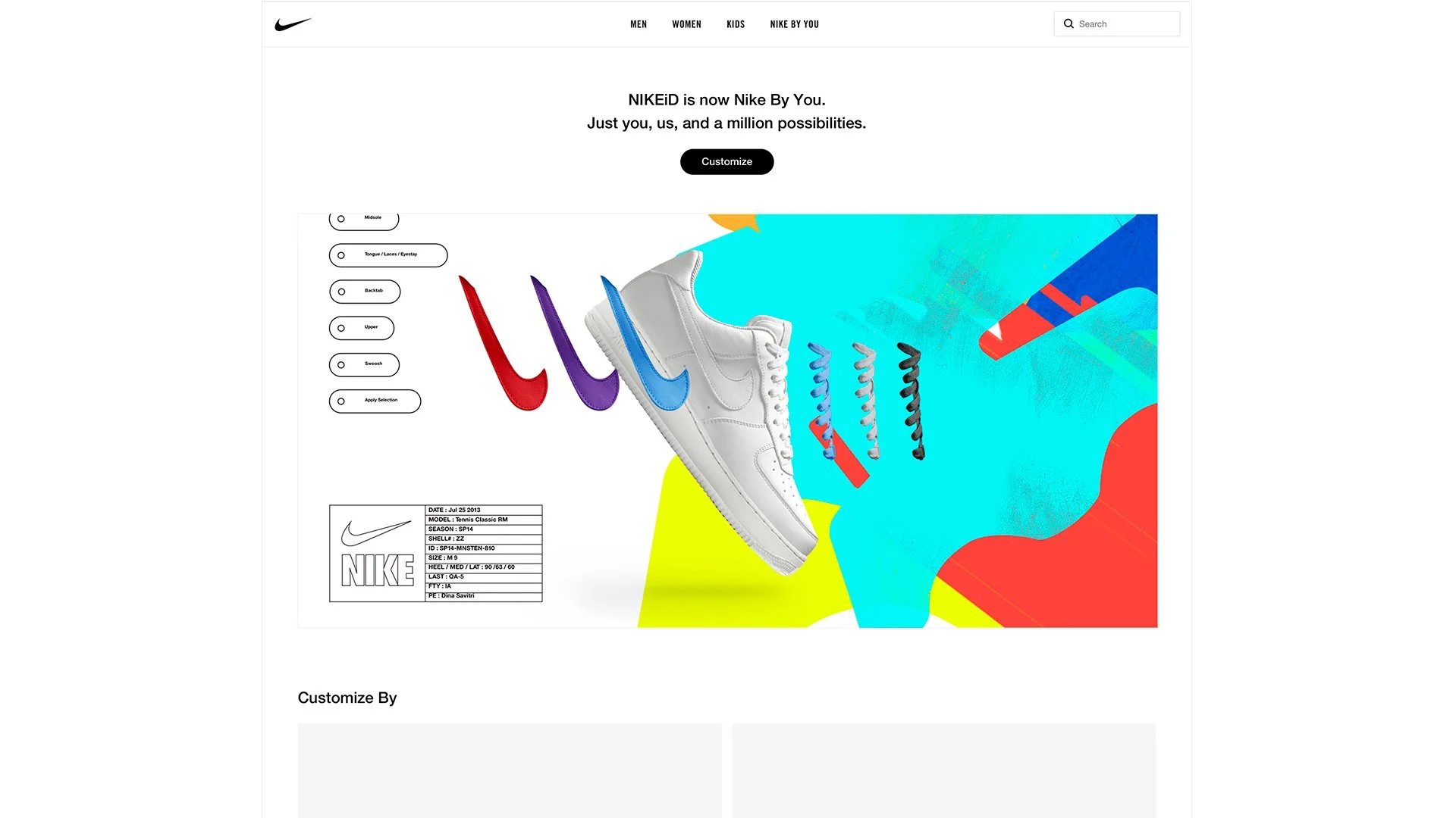 Screenshot of Nike website featuring a customizable white Nike tennis shoe with color options for swoosh and laces displayed in vibrant background colors.