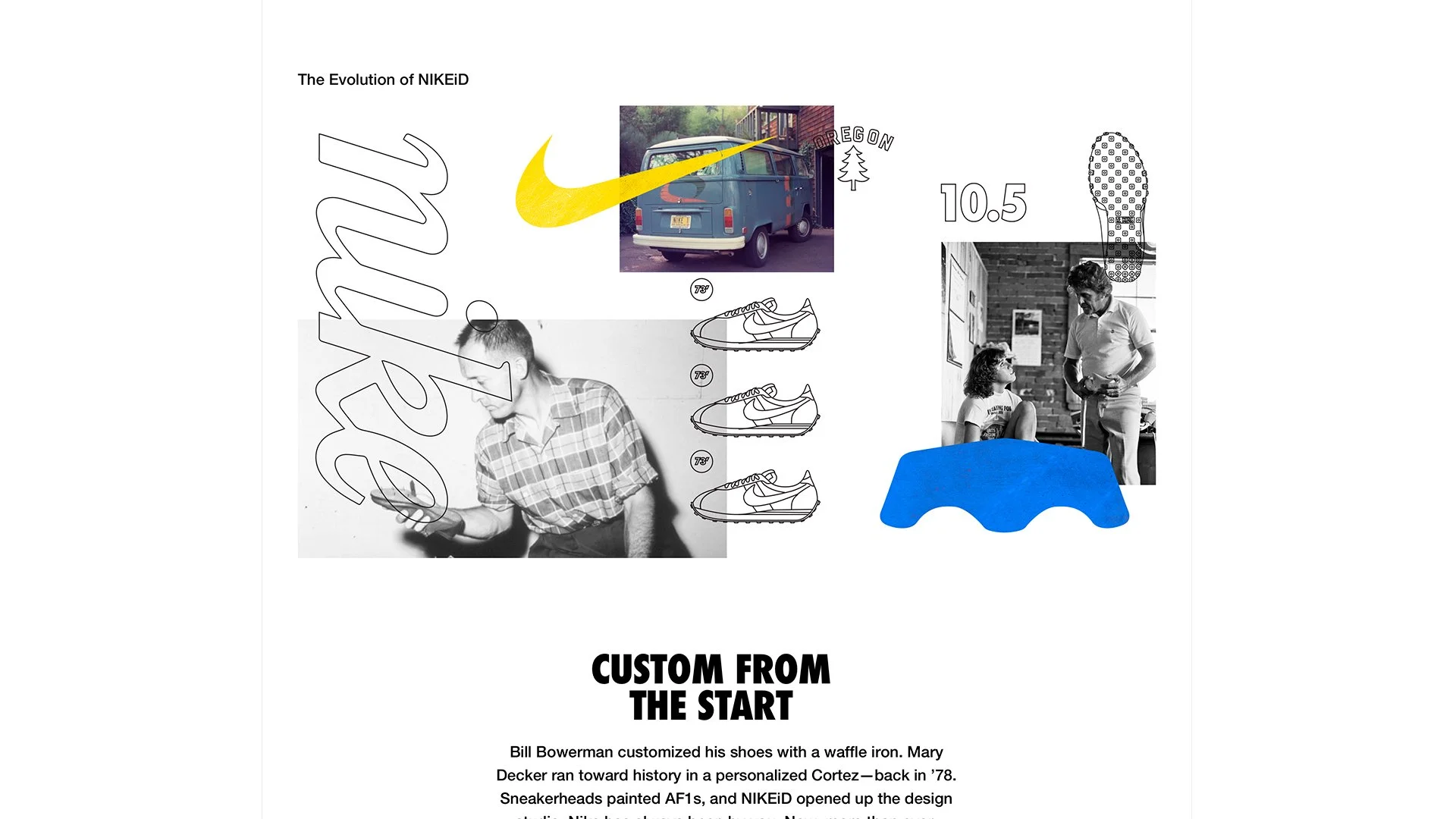 A collage-style visual tracing the evolution of Nike with images of sneakers, a vintage blue van, and a man and girl interacting, along with sketches, text, and colorful design elements.