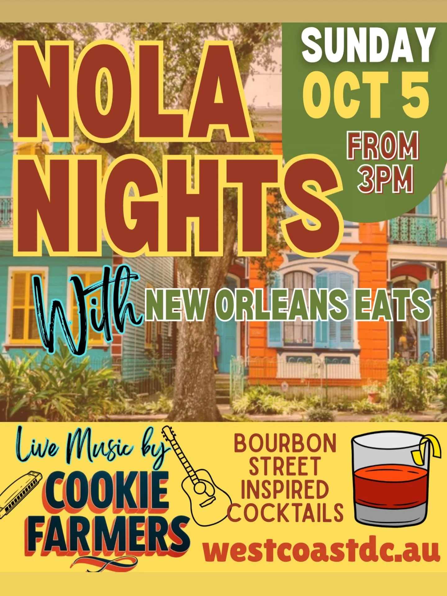 Swing on by this arvo for New Orleans eats and Bourbon Street inspired cocktails! Live music by the Cookie Farmers from 3:30pm 🎸 
westcoastdc.au