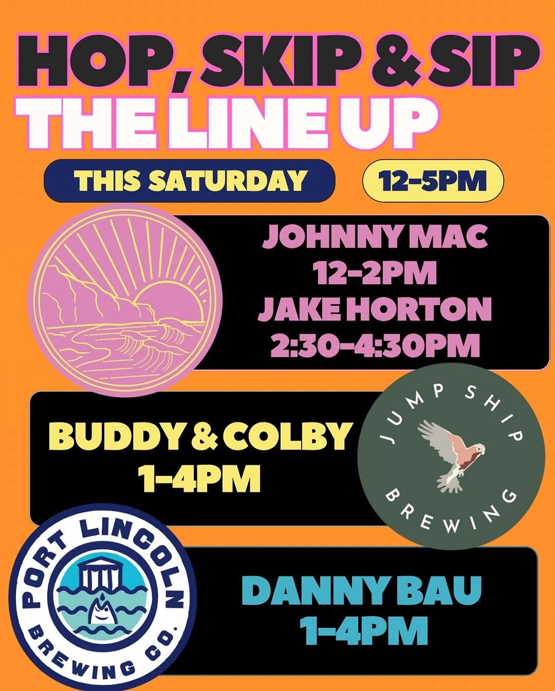 🍻 Hop, Skip & Sip is this Saturday! 🍹 
This weekend, we’ve teamed up with the legends at @jump_ship_brewing and @portlincolnbrewingco to bring you Hop, Skip & Sip!
From 12 noon this Saturday, enjoy live music, epic drinks, and delic