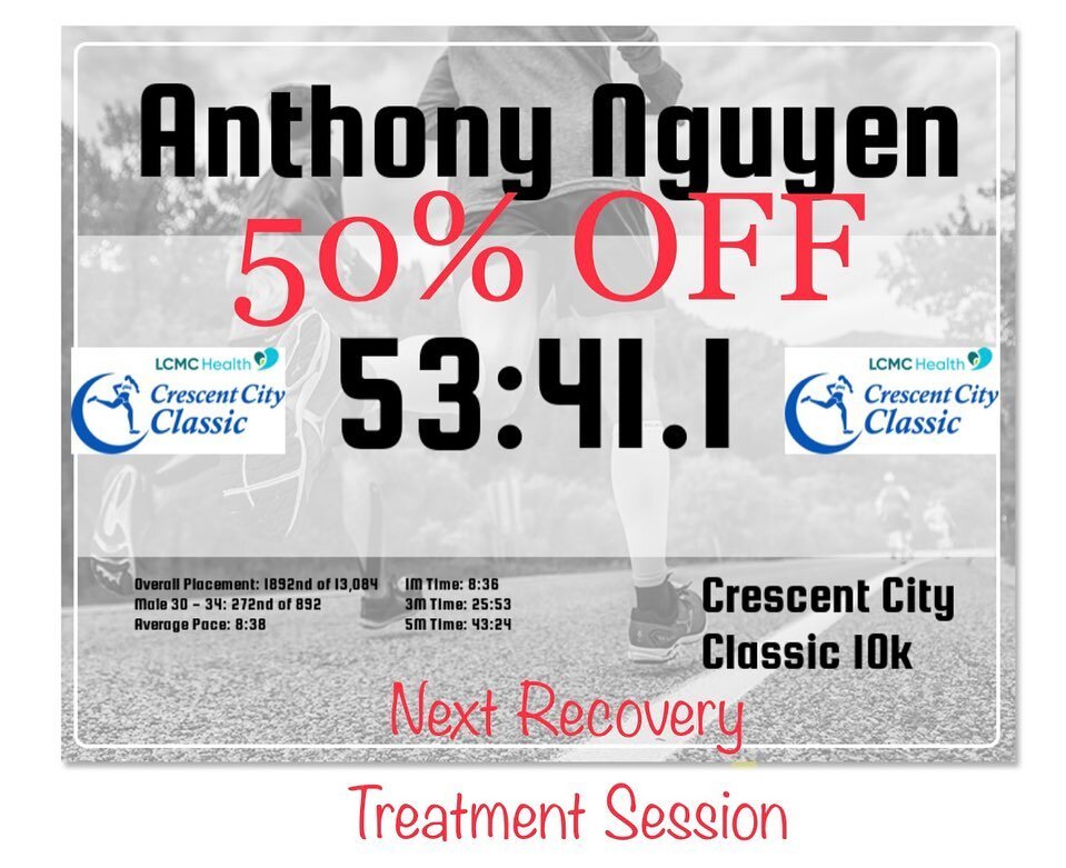Congrats to all those who participated in the @ccc10k this past weekend! It was a gorgeous day to take a stroll through the heart of New Orleans 😍⚜️ 

Now that the results are in, we are honoring our special discounts on any recovery treatment sessi