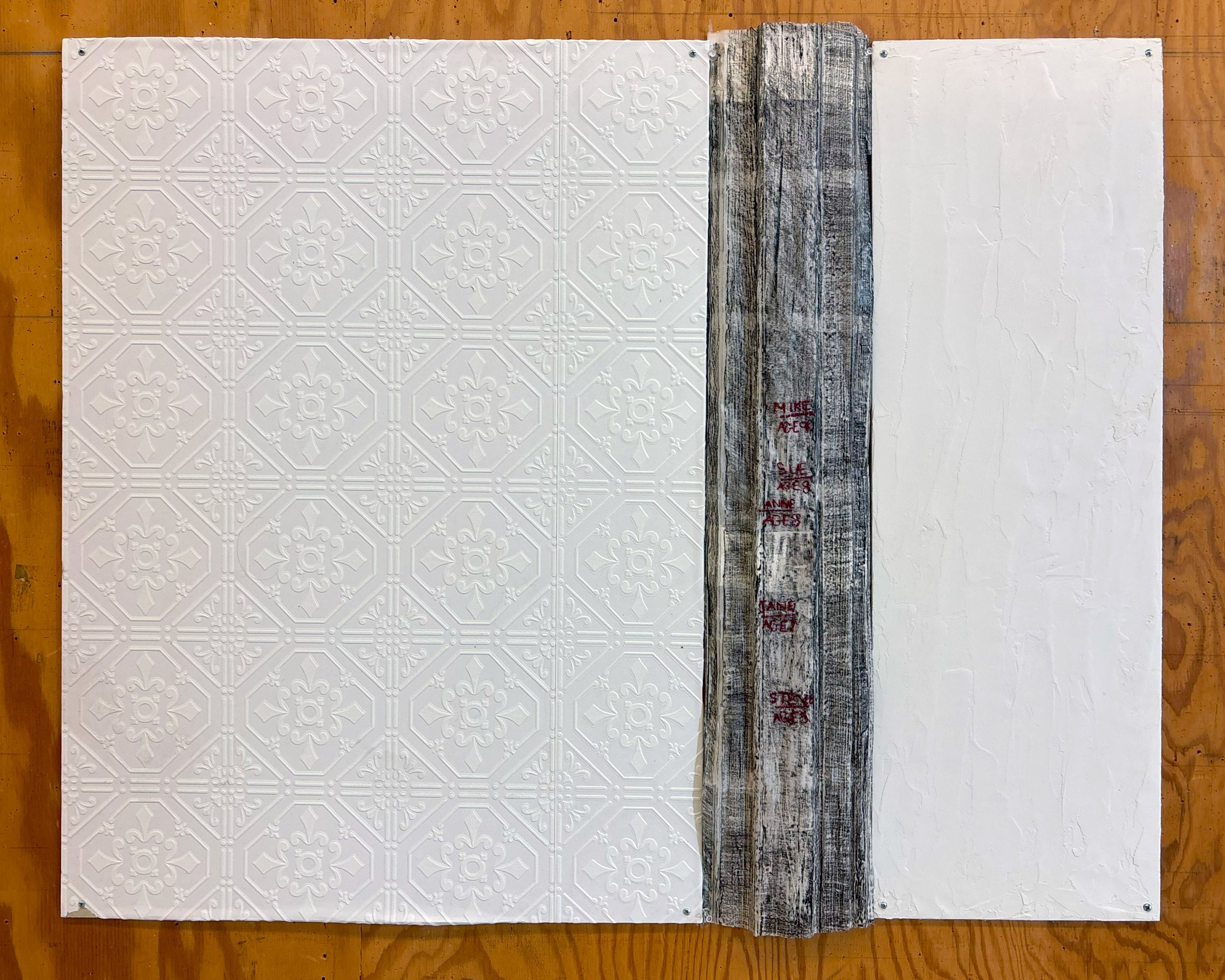 Growing Up
2023
plywood, wallpaper, graphite, wax, thread, drydex spackling
48 x 36 x 3/8 in.