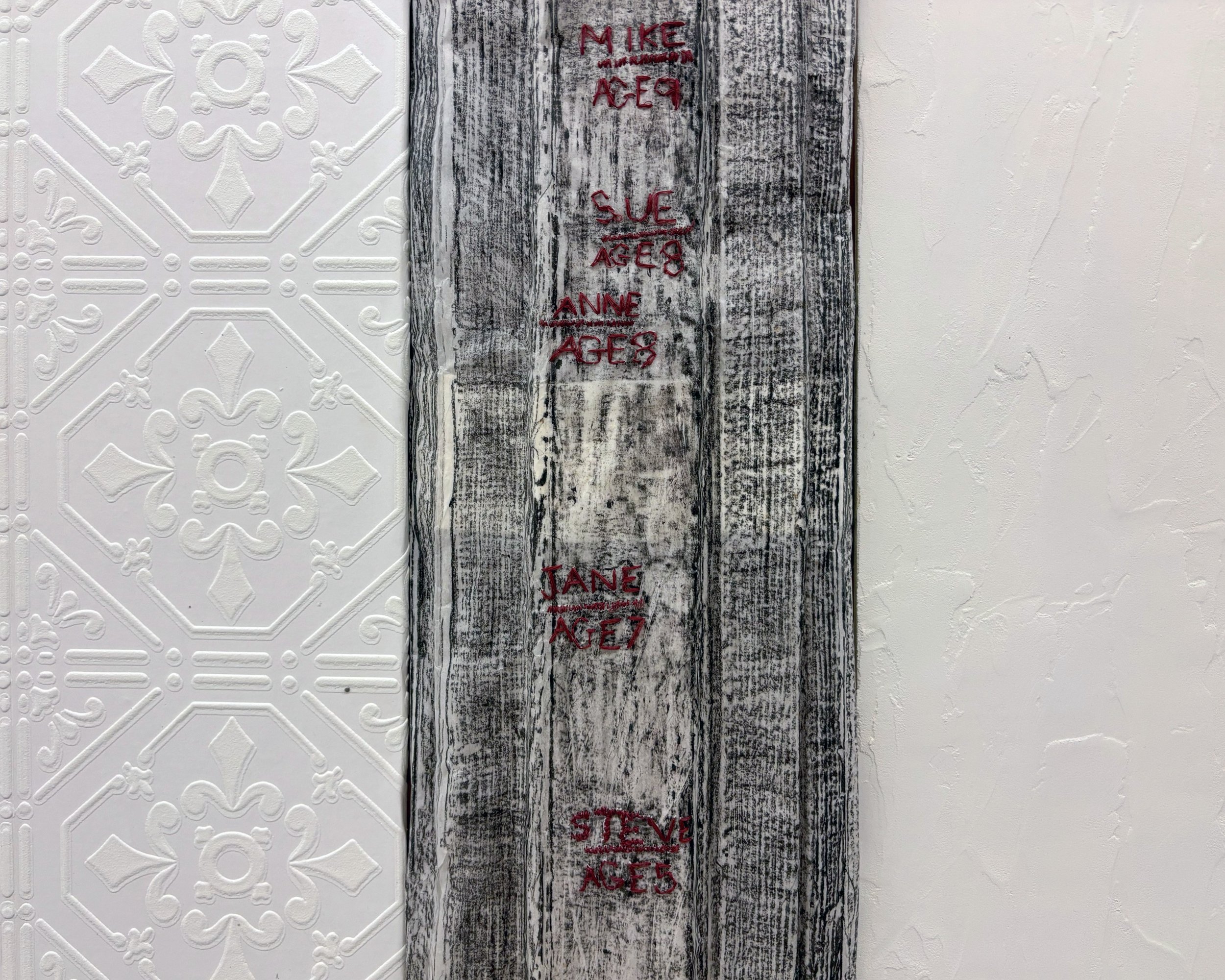 Growing Up
2023
plywood, wallpaper, graphite, wax, thread, drydex spackling
48 x 36 x 3/8 in.