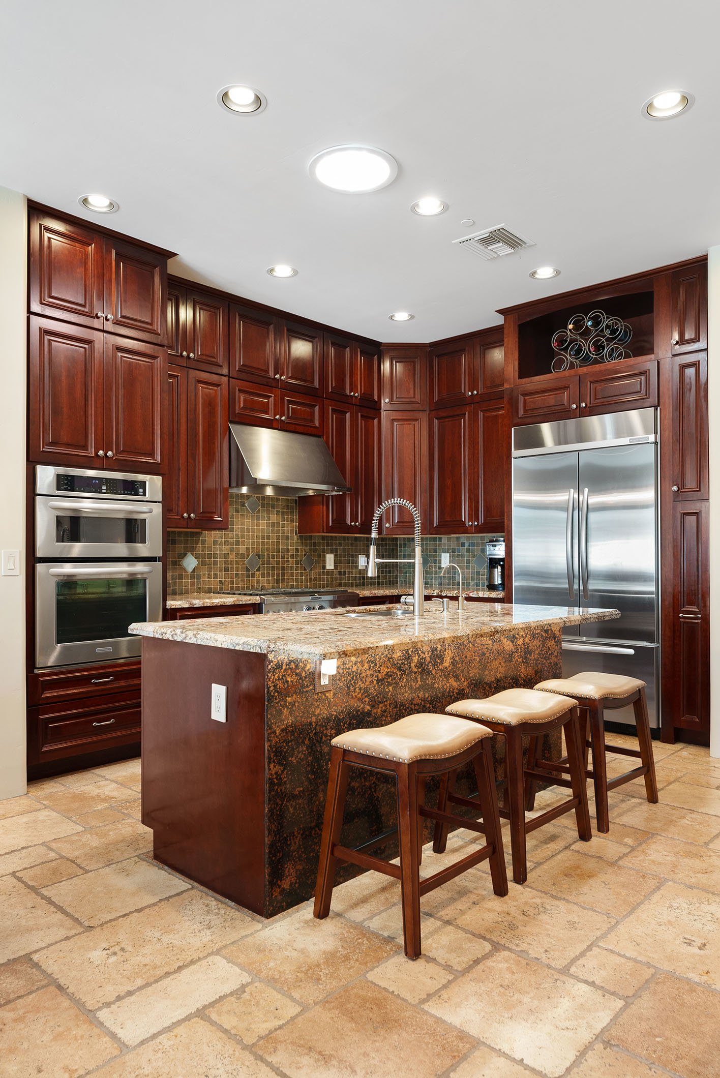 dark wood kitchen tile floor stainless refrigeratior