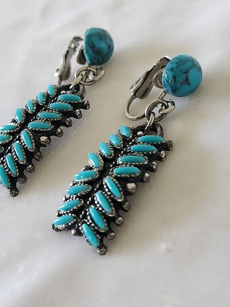 Southwest Needlepoint Faux Turquoise Knifewing Mark Earrings 2.jpg