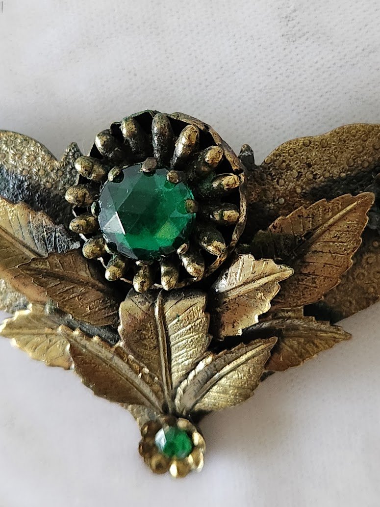 1930s Green Stone Brass Brooch 3.jpg