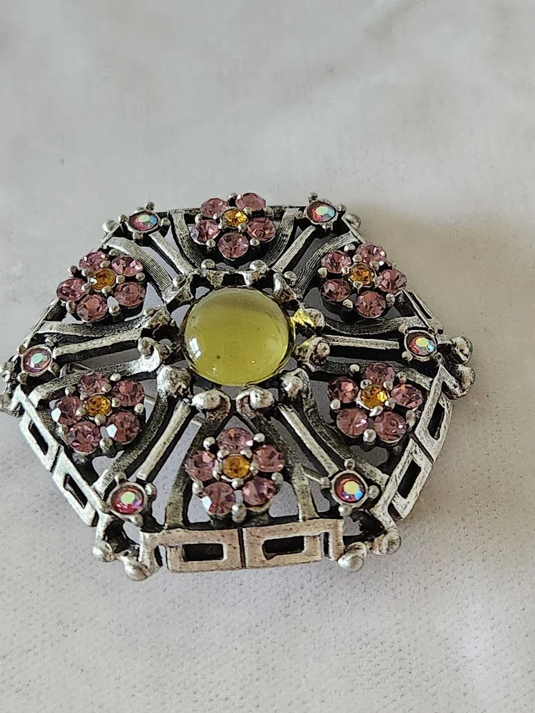 Pink RS Flowers & Mirrored Stone Brooch 5.jpg