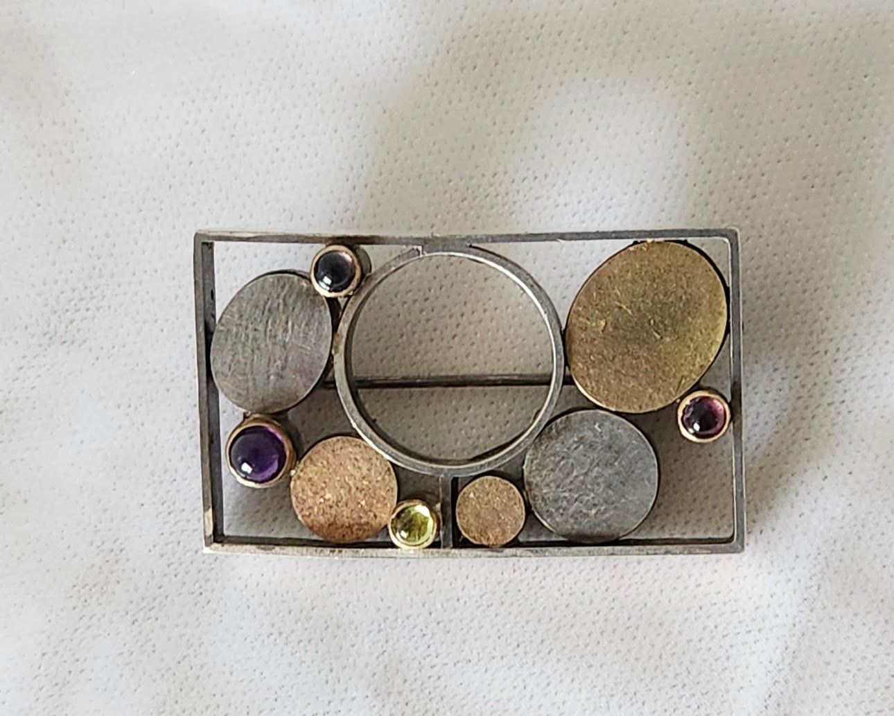 1990s Sterling & 14K Artisan Brooch with Amethysts and Citrine