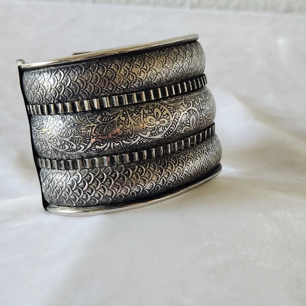Wide Ethnic Silver Plate Cuff Bracelet 2.jpg