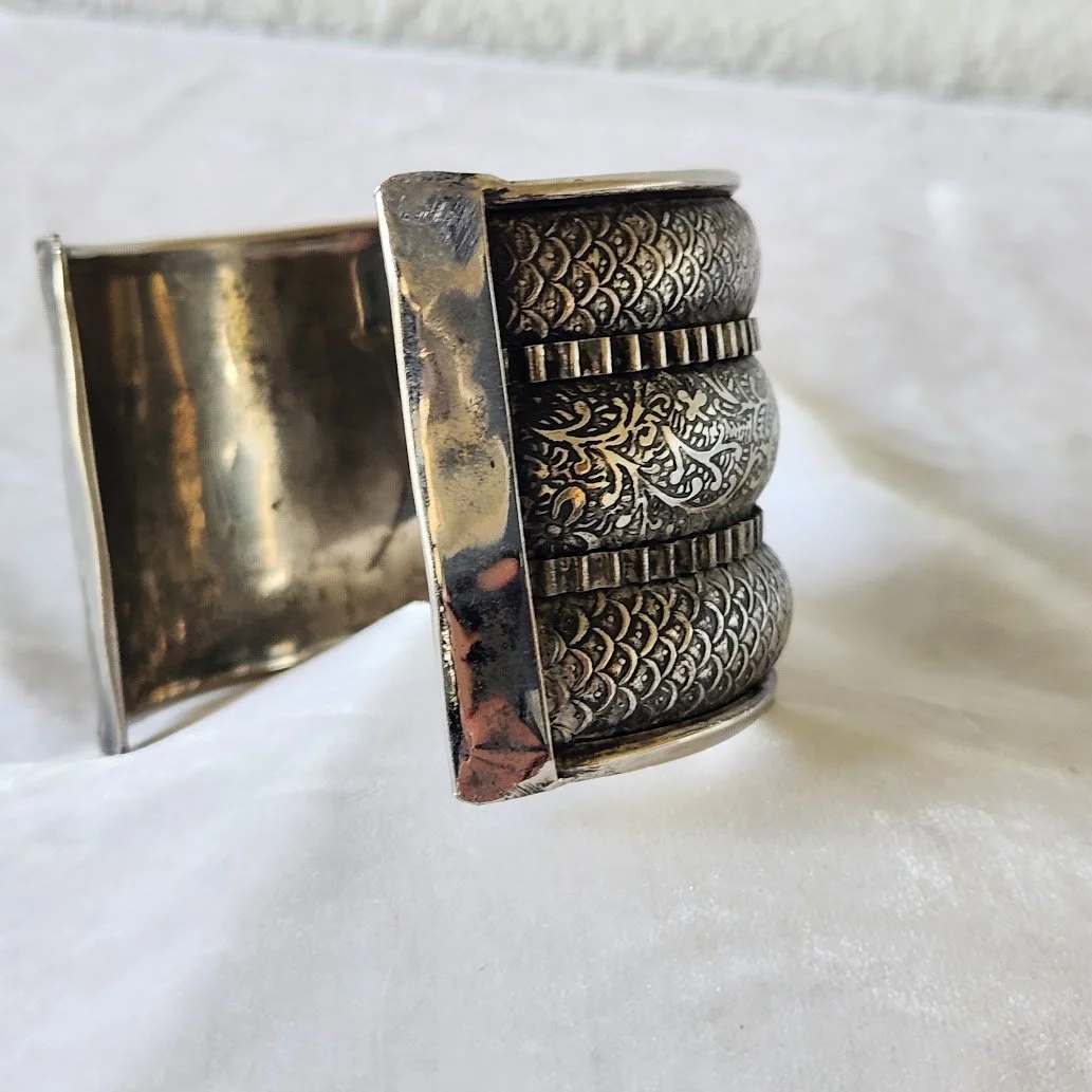 Wide Ethnic Silver Plate Cuff Bracelet 3.jpg