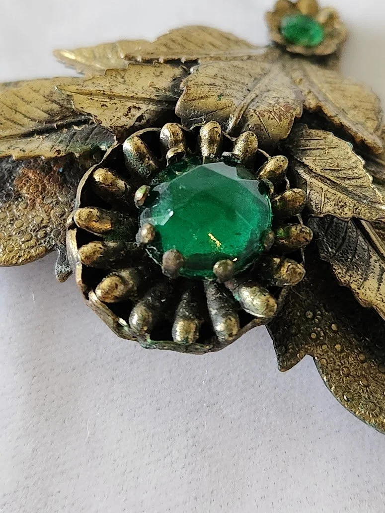 1930s Green Stone Brass Brooch 7.jpg