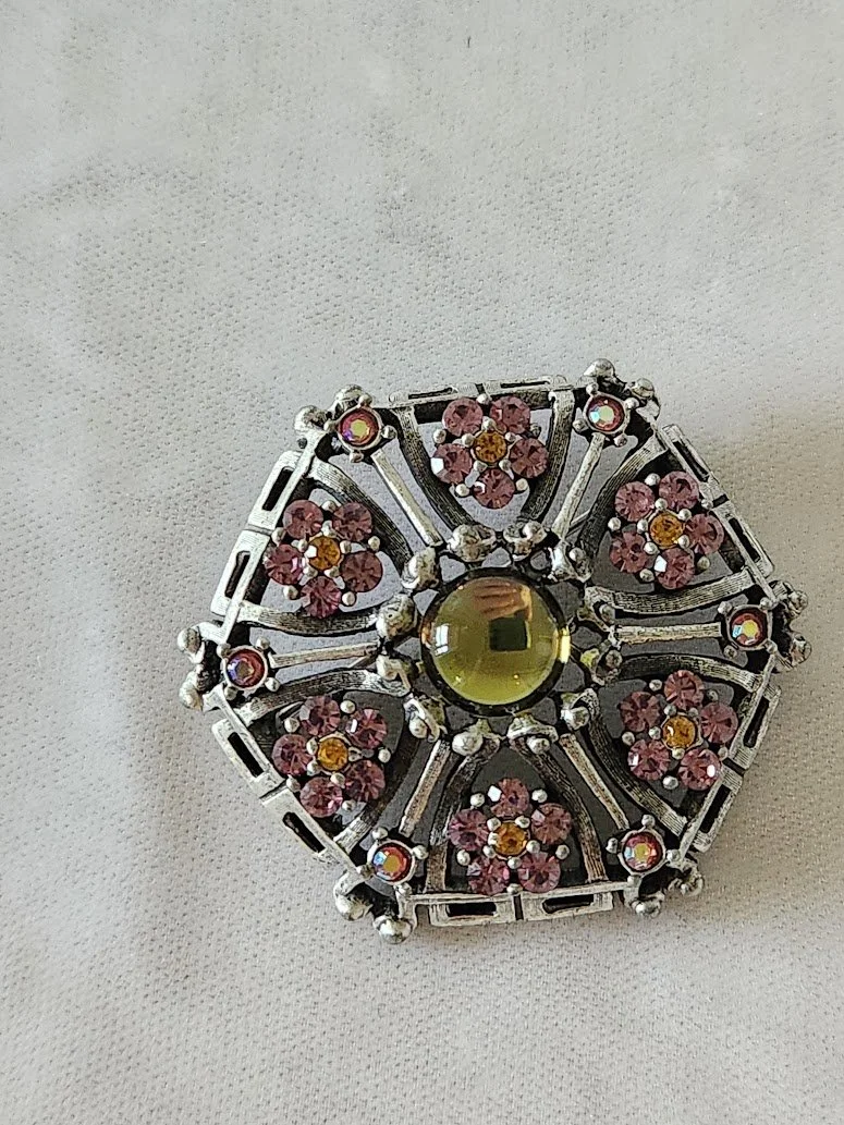 Pink RS Flowers & Mirrored Stone Brooch 2.jpg