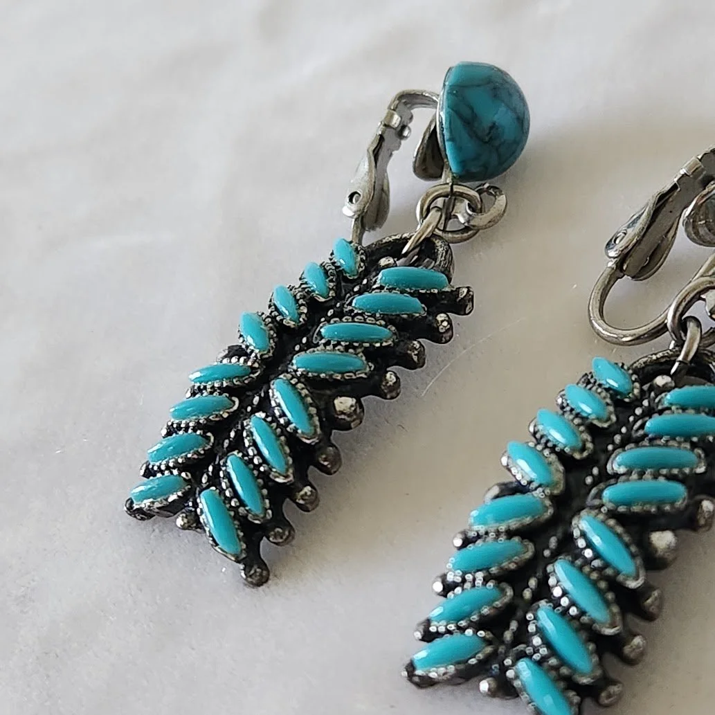 Southwest Needlepoint Faux Turquoise Knifewing Mark Earrings 3.jpg