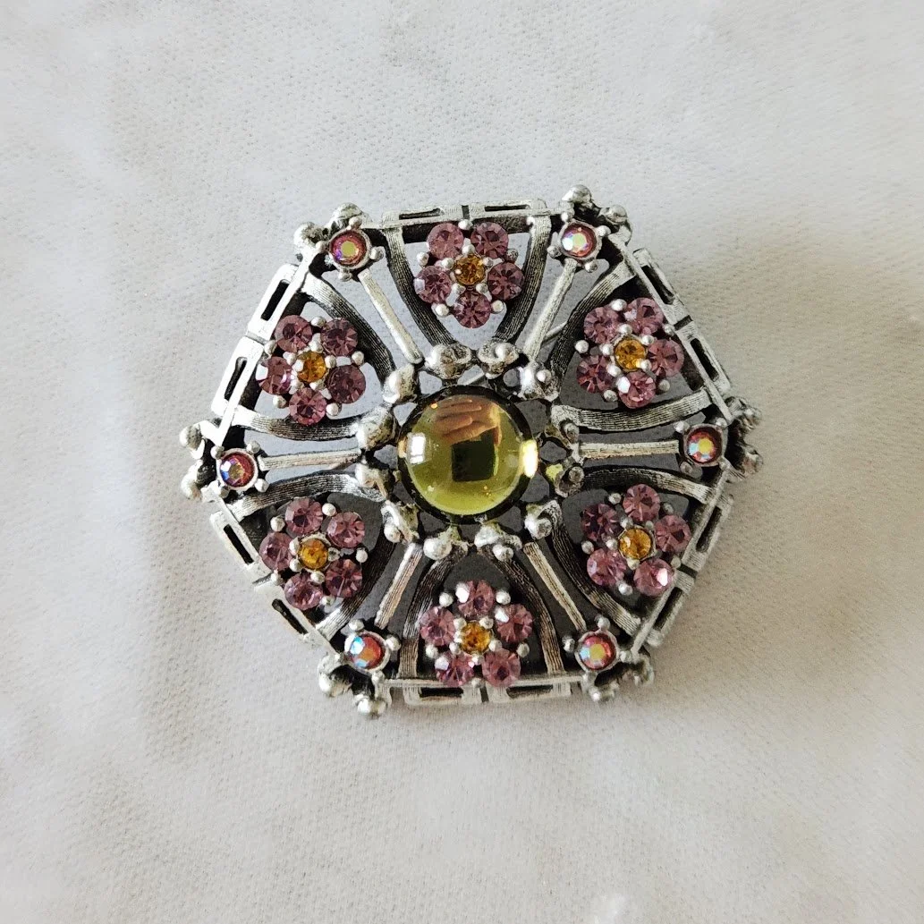 Pink RS Flowers & Mirrored Stone Brooch 1.jpg