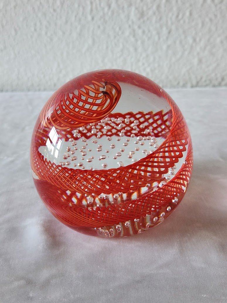 Red Latticino Bubble Murano Paperweight 3.jpg