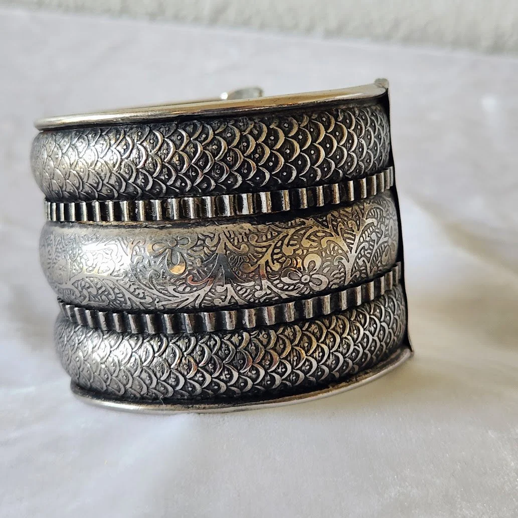 Wide Ethnic Silver Plate Cuff Bracelet 5.jpg