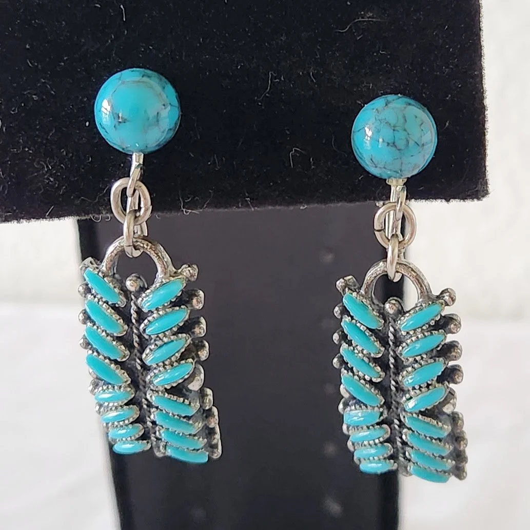 Southwest Needlepoint Faux Turquoise Knifewing Mark Earrings 7.jpg