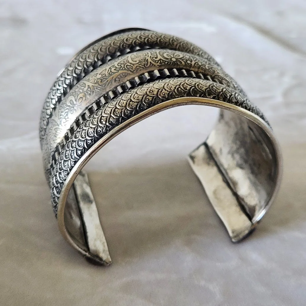 Wide Ethnic Silver Plate Cuff Bracelet 8.jpg