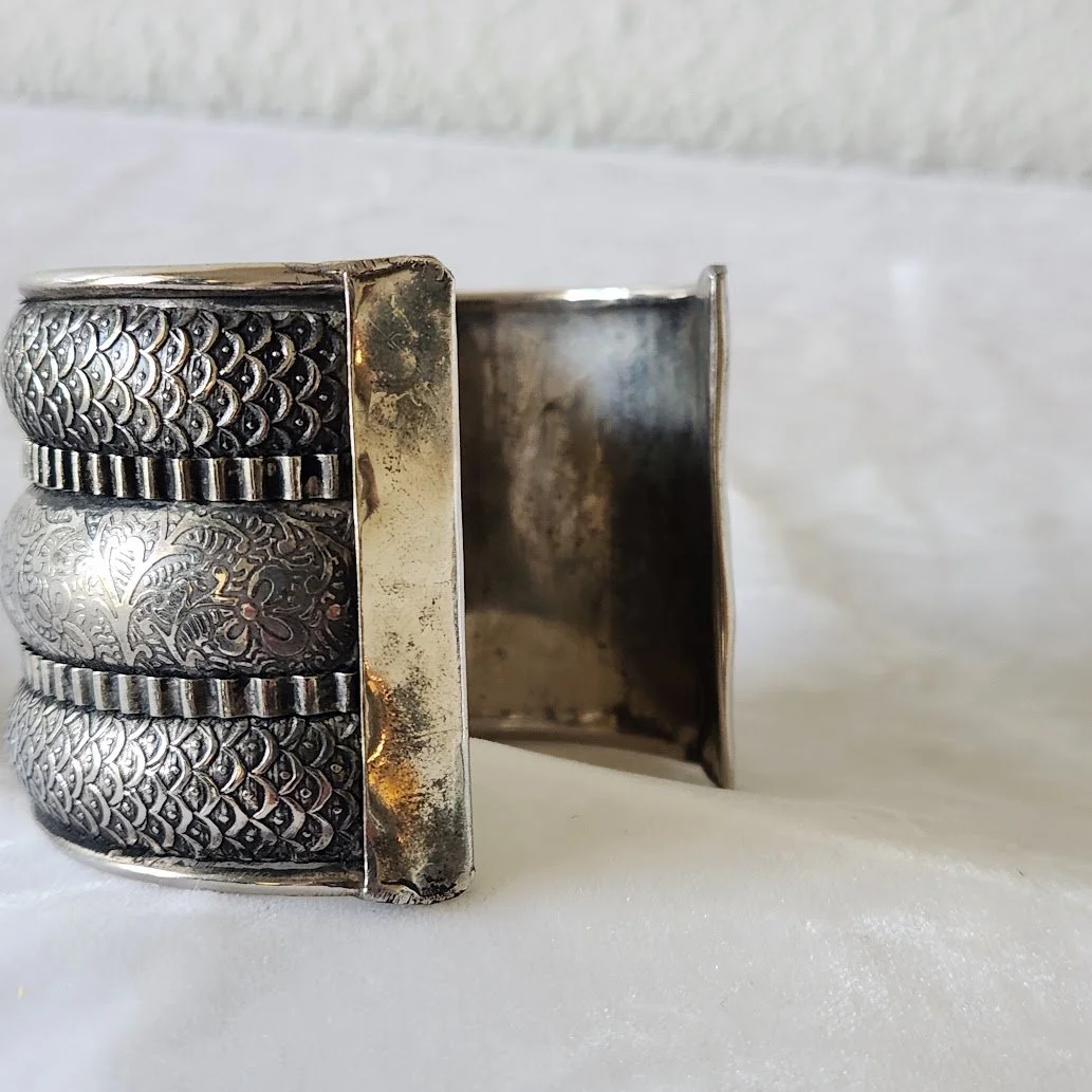 Wide Ethnic Silver Plate Cuff Bracelet 4.jpg