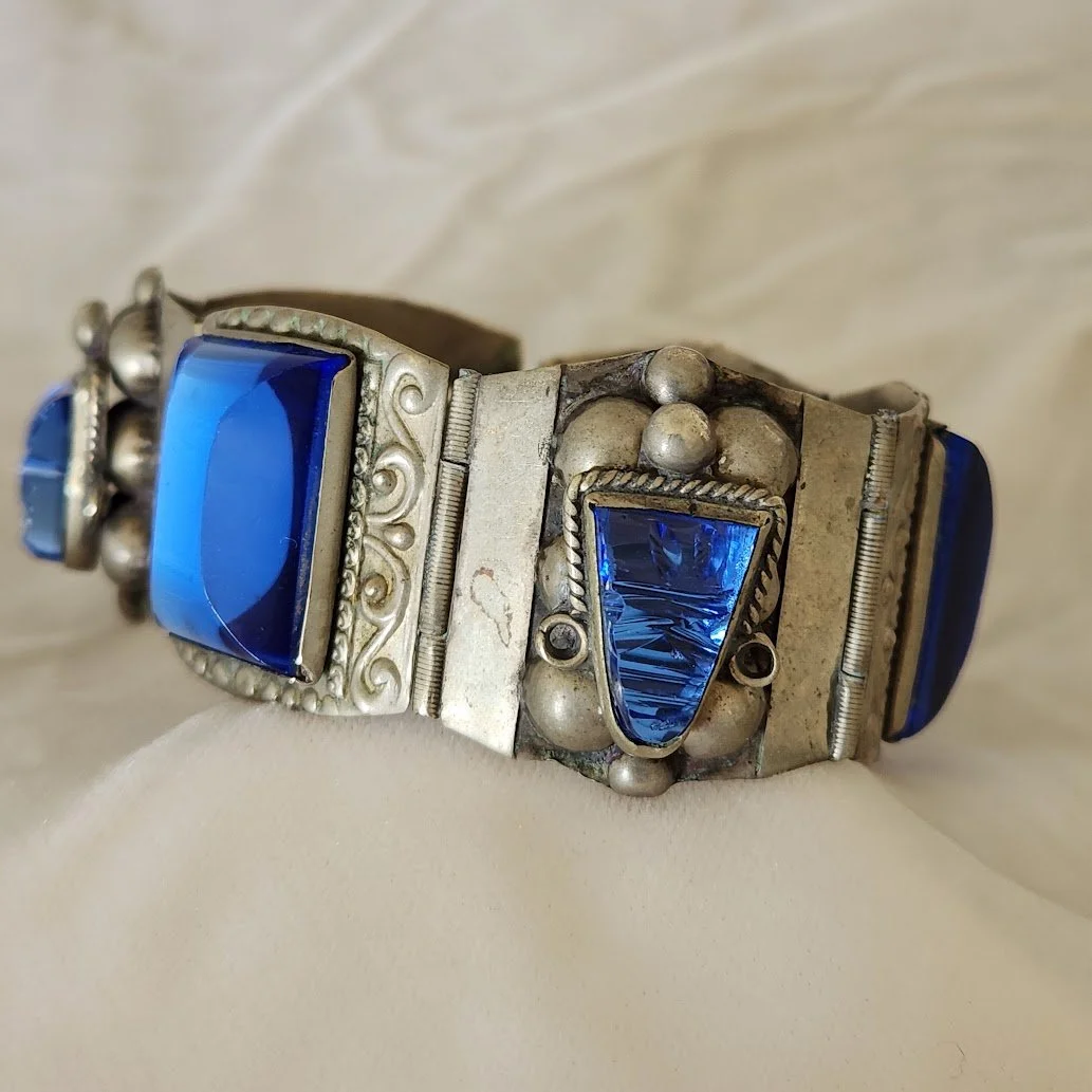Mexican Silver Blue Glass Bracelet 3.jpg