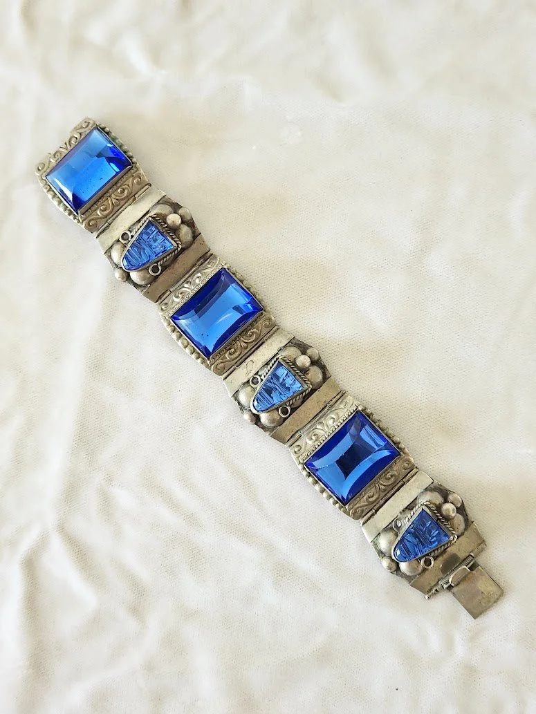 Mexican Silver Blue Glass Bracelet 5.jpg