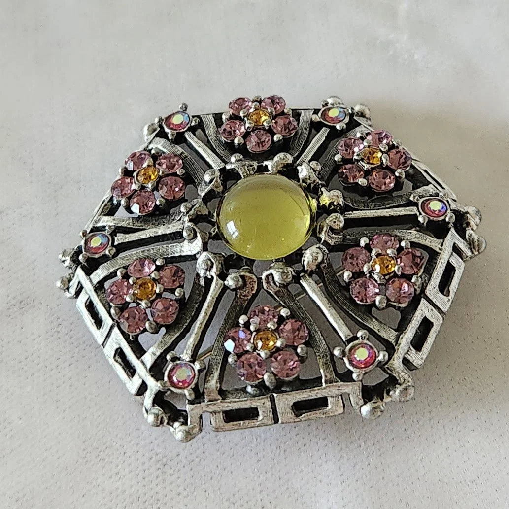 Pink RS Flowers & Mirrored Stone Brooch 7.jpg