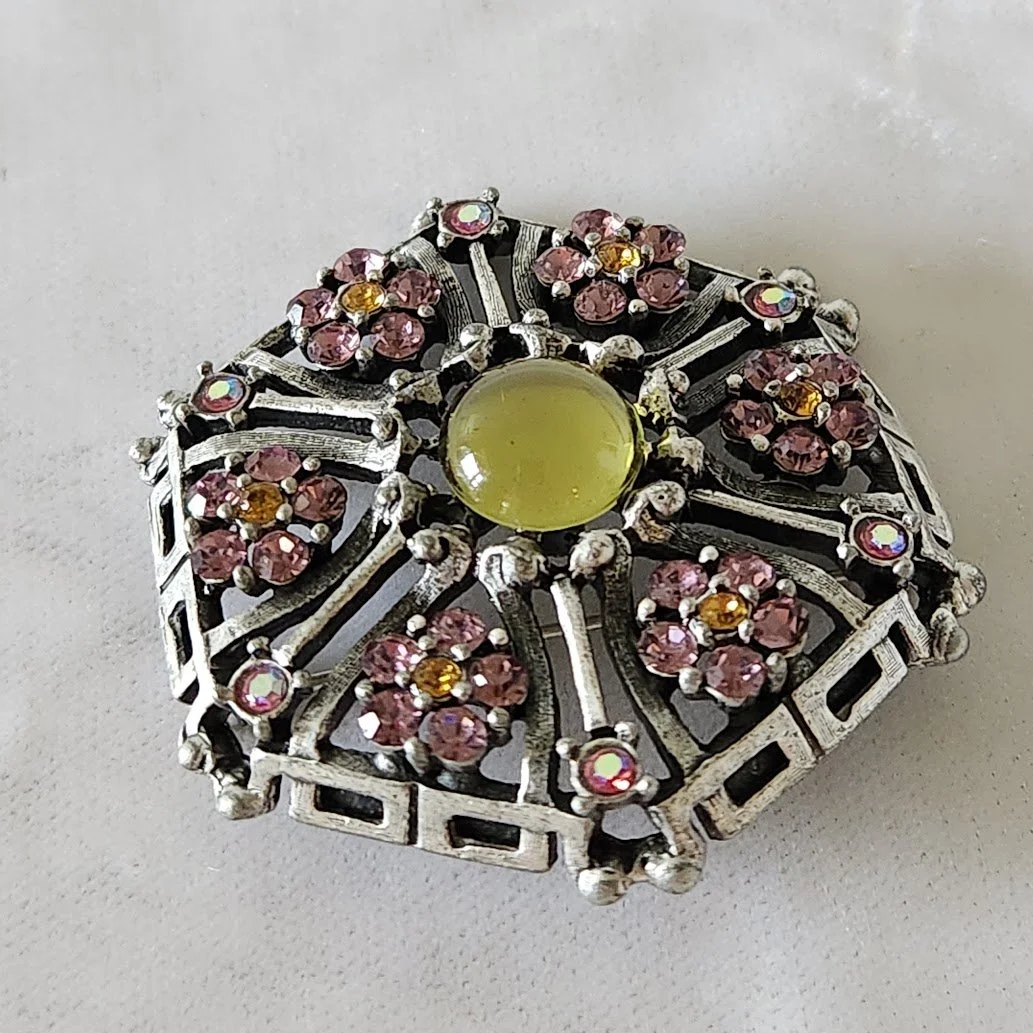 Pink RS Flowers & Mirrored Stone Brooch 6.jpg