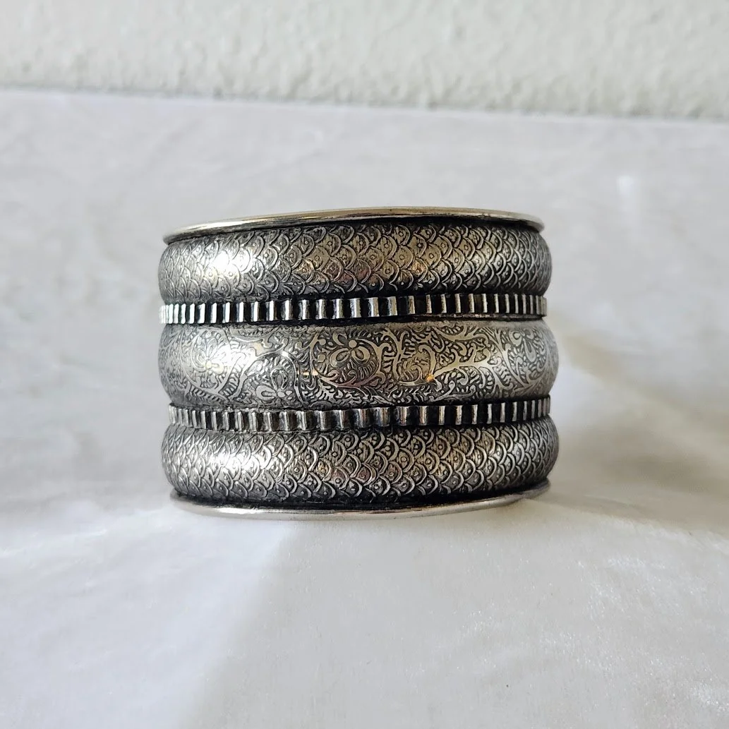 Wide Ethnic Silver Plate Cuff Bracelet 1.jpg