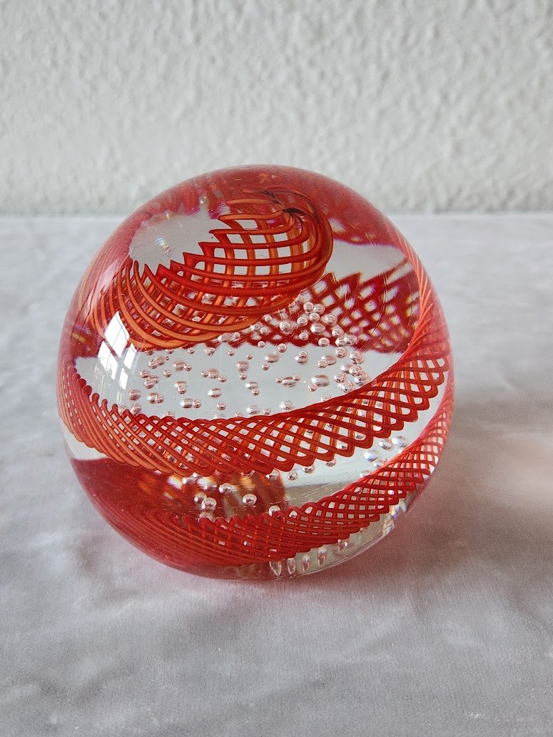 Red Latticino Bubble Murano Paperweight 2.jpg