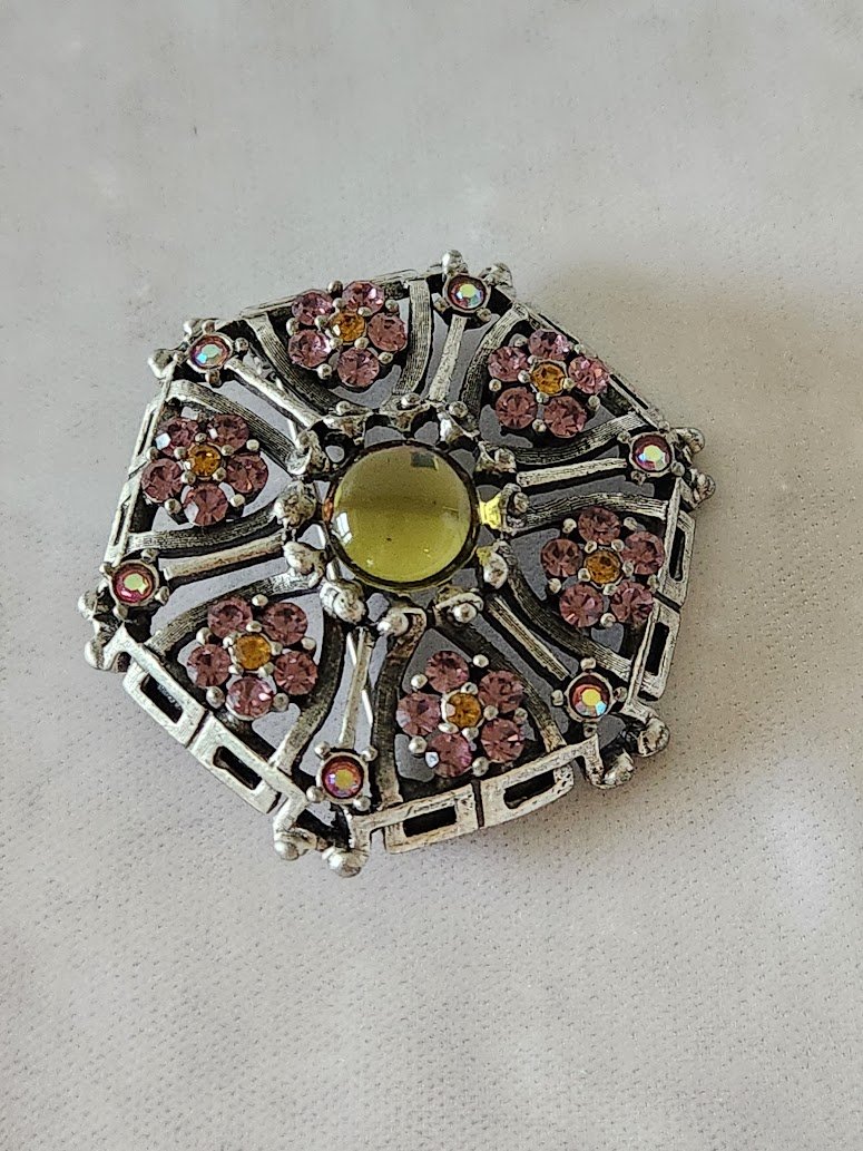 Pink RS Flowers & Mirrored Stone Brooch 3.jpg