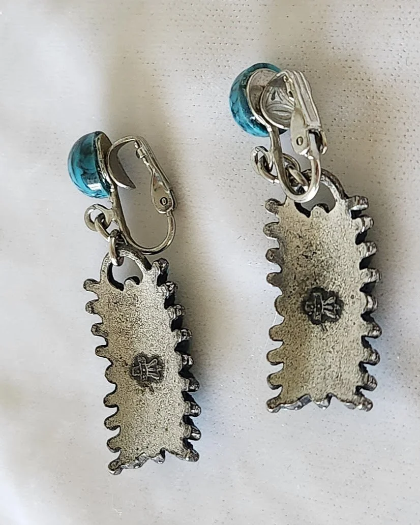 Southwest Needlepoint Faux Turquoise Knifewing Mark Earrings 4.jpg