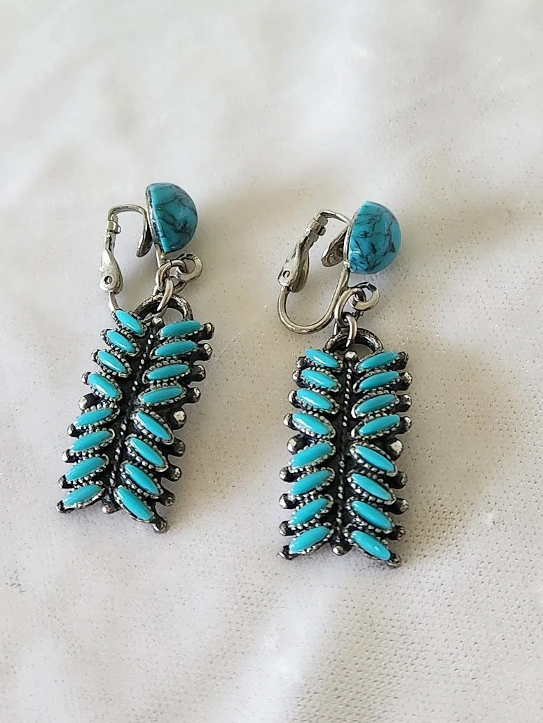 Southwest Needlepoint Faux Turquoise Knifewing Mark Earrings 1.jpg