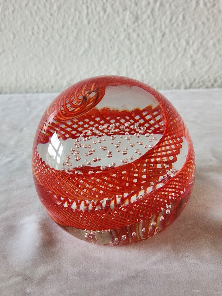 Red Latticino Bubble Murano Paperweight 4.jpg