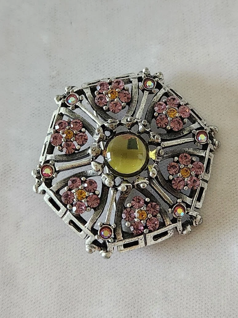 Pink RS Flowers & Mirrored Stone Brooch 4.jpg