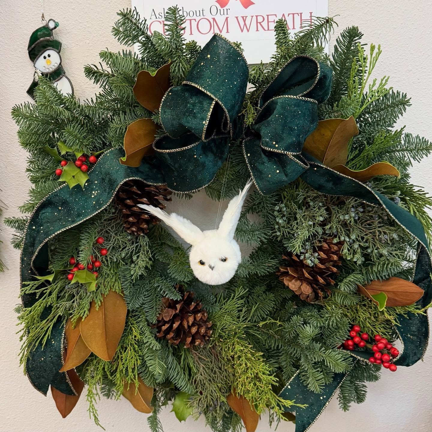 How about a cool and unique wreath for your door custom designed right here by our super talented staff.  The new gift shop also has hand crafted items by our staff.  We&rsquo;ve got covered you want something special for the holidays! Also we are se